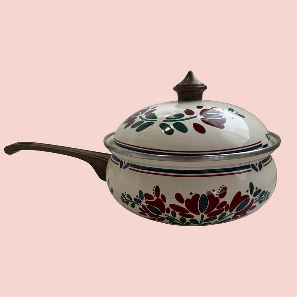 Vintage 1982 Asta Enamelware Saucepan with Lid, Floral Design
